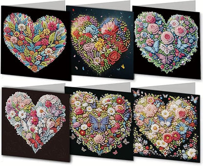 6pcs DIY Heart Flower Diamond Art Painting Greeting Cards Kit, Rhinestone Art Holiday Birthday Card Set with Envelopes, DIY Festival Craft for Girlfriend, Anniversary Valentine's Day Gift Making Supplies