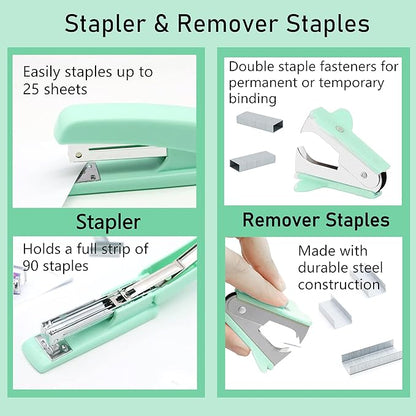 Green Office Supplies, Purple Desk Accessories, Stapler, Staple Remover, Tape Holder, Pen Holder, Ballpoint Pen, Scissor, Binder Clips, Paper Clips and 1000pcs Staples.