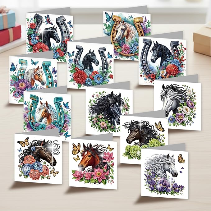 jinglinhh 12pcs Diamond Art Painting Flowers Horse Greeting Cards with Envelopes, DIY Card Making Kits for Adults, Diamond Art Christmas Cards for Birthday Holiday Postcards Craft Gifts