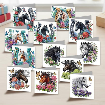 jinglinhh 12pcs Diamond Art Painting Flowers Horse Greeting Cards with Envelopes, DIY Card Making Kits for Adults, Diamond Art Christmas Cards for Birthday Holiday Postcards Craft Gifts