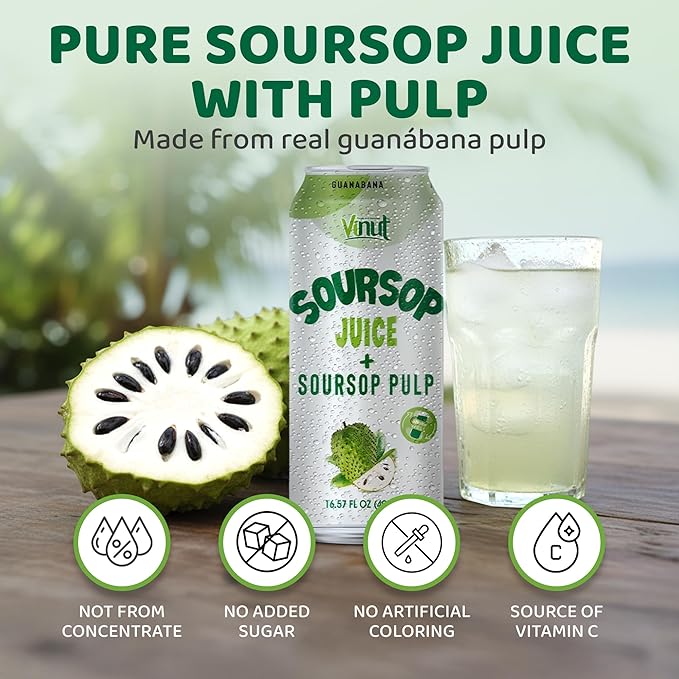 Vinut 100% Soursop Juice With Pulp (16.57 fl oz, Pack 12), No Sugar Added, Real Guanabana Soursop Graviola Drink, Fresh, Natural, Not from Concentrate (NFC)