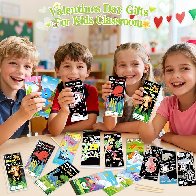 SpringFlower Valentines Day Gifts for Kids, 24 Pack Scratch Art Books Valentines Day Gifts for Kid Classroom School Exchange, Valentines Scratch Art Crafts Kits Bulk Party Favors Prizes for Boys Girls
