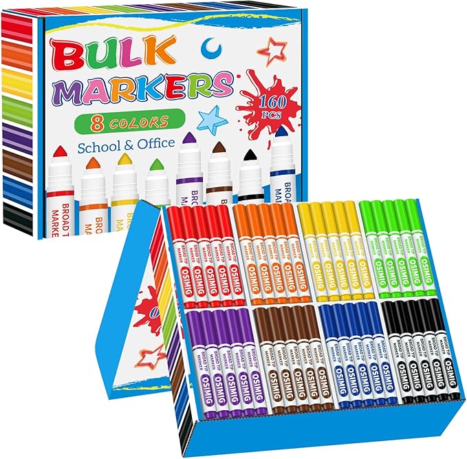 Washable Markers Bulk, 160 Count, 8 Assorted Colors, Coloring Markers for Kids, Broad Line Conical Tip, Back to School Supplies, Teacher Classroom Must Haves