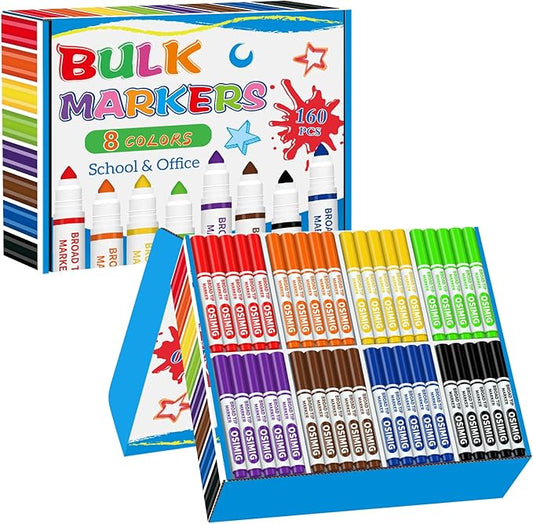 Washable Markers Bulk, 160 Count, 8 Assorted Colors, Coloring Markers for Kids, Broad Line Conical Tip, Back to School Supplies, Teacher Classroom Must Haves