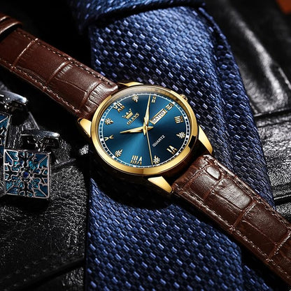 Men's Casual Leather Watch, Easy to Read Three-Hand Analog Stainless Steel Watches for Men, Minimalist Day Date Waterproof Luminous Mens Quartz Wristwatch