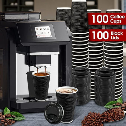 Ginkgo 100 Pack 16 oz Disposable Insulated Coffee Cups with Lids, Paper To-Go Coffee Cups for Coffee Bars, Hot Chocolate, Cocoa, and Hot Tea Drinks - Black