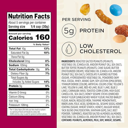 Snak Club Sweet and Salty Trail Mix with Peanuts, Butter Toffee Peanuts, Chocolatey Candies, Toasted Corn, Honey Sesame Sticks, and Almonds, Kosher Snack, 5.5 oz Resealable Bags, 6 Pack