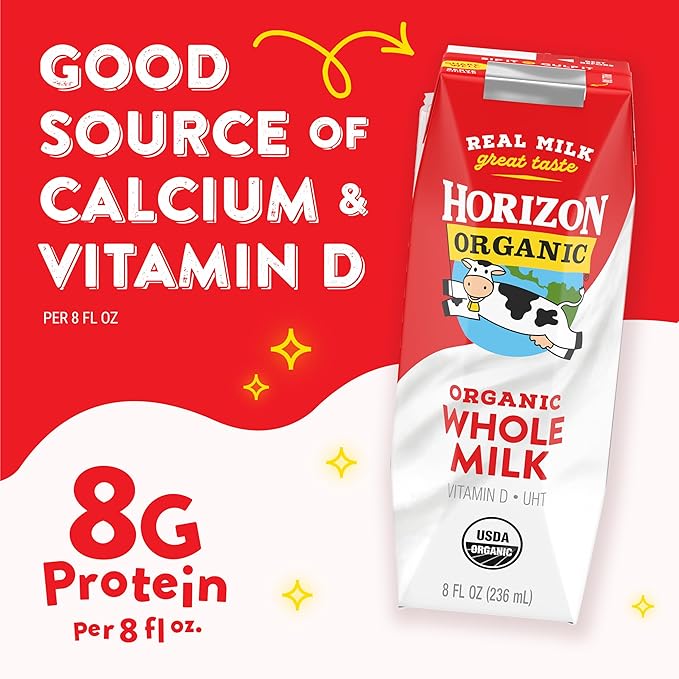 Horizon Organic Shelf Stable Whole Milk Boxes, 8 fl oz, 12 Count - 8g Protein per Serving, USDA Organic UHT from Pasture-Raised Cows, Ready to Drink for Lunchbox, Travel, or On-the-Go, No Refrigeration Needed