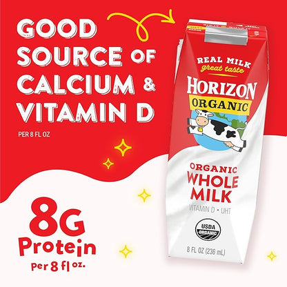 Horizon Organic Shelf Stable Whole Milk Boxes, 8 fl oz, 12 Count - 8g Protein per Serving, USDA Organic UHT from Pasture-Raised Cows, Ready to Drink for Lunchbox, Travel, or On-the-Go, No Refrigeration Needed