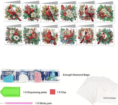 jinglinhh 12pcs Diamond Art Painting Christmas Cardinal Greeting Cards with Envelopes, DIY Card Making Kits for Adults, Diamond Art Christmas Cards for Birthday Holiday Postcards Craft Gifts