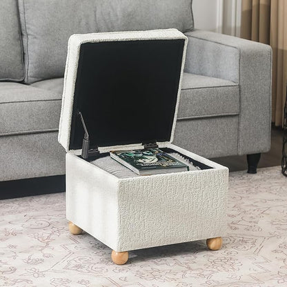 Adeco 17 Inch High Faux Fur White Cube Ottoman Storage, 3D Embossed Velvet Chair Foot Stools, Upholstered Vanity Stool with Hinged Lid, Solid Round Wood Legs