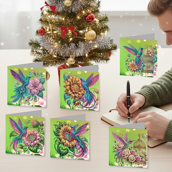jinglinhh 12pcs Hummingbird Sunflower Diamond Art Painting Greeting Cards with Envelopes, DIY Card Making Kits for Adults, Diamond Art Christmas Cards for Birthday Holiday Postcards Craft Gifts