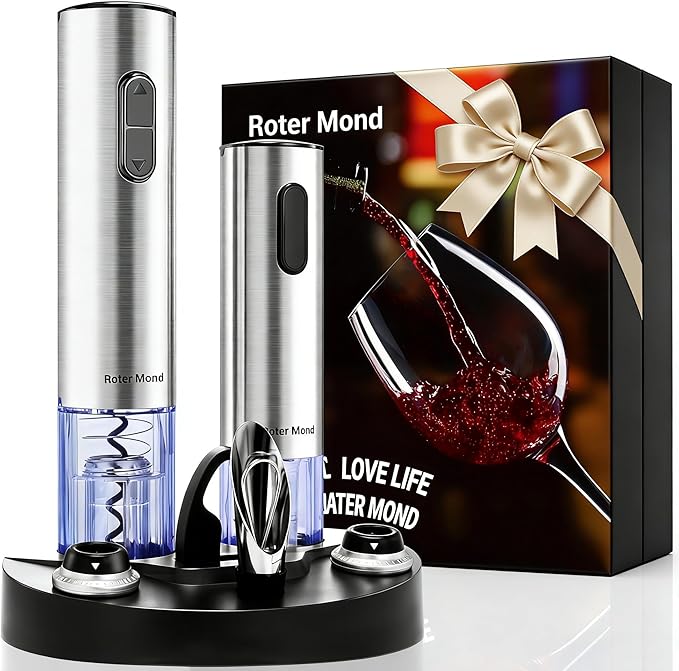 Electric Wine Opener Set, Roter Mond Automatic Wine Bottle Opener with Charging Base, 7-in-1 Wine Present with Wine Aerator Pourer Electric Vacuum Pump with 2 Stoppers Wine Foil Cutter for Home Party