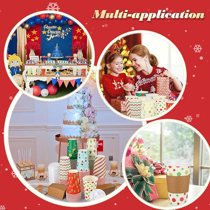 Tioncy 300 PCS/100 Set 16oz Christmas Paper Cups Christmas with Lids and Sleeves Disposable Coffee Cup Hot Chocolate Cocoa Cup Tea Coffee Paper Cups for Party Holidays Hot Cold Drinks(Stylish Style)