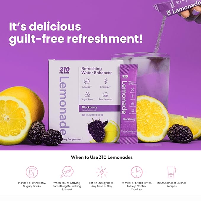 310 Nutrition Electrolyte Lemonade Powder No Sugar – BlackBerry Lemonade Water Flavoring Packets – Hydration & Energy Drink Mix – Zero Sugar, Low Calorie Water Enhancer – 30 Singles – Made in The USA