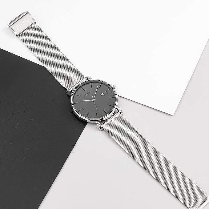 BUREI Men Watches Brown Leather Fashion Minimalist Wrist Watch Simple Ultra Thin Waterproof Quartz Watches All Black Stainless Steel Mesh Band,Gift for Men Women