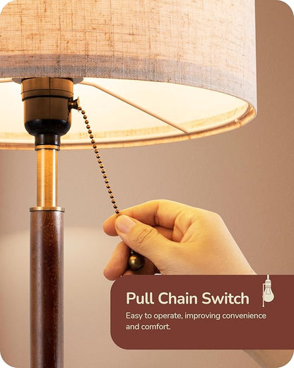 EDISHINE Mid Century Table Lamp, Bedside Lamp with Pull Chain Switch, Solid Wood & Metal Pole, Modern Nightstand Table Lamp for Living Room, Bedroom, Office, Frosted Bronze & Wood Finish