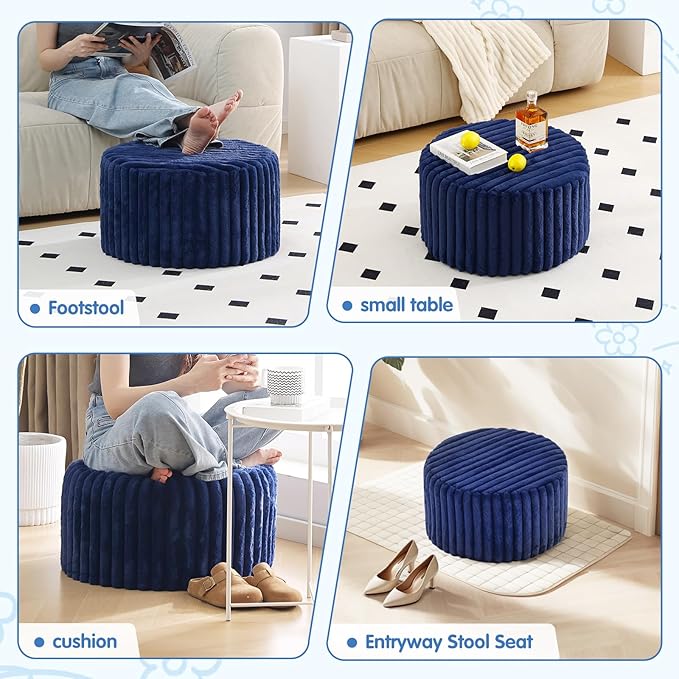 Tiita Round Stuffed Pouf Ottoman, Stripe Faux Fur Poufs with Foam Chunk Filling, Furry and Fluffy Pouf 21×21×12 inch Foot Stool Storage Ottoman,Puff Office Foot Rest for Couch Living Room, Navy Blue