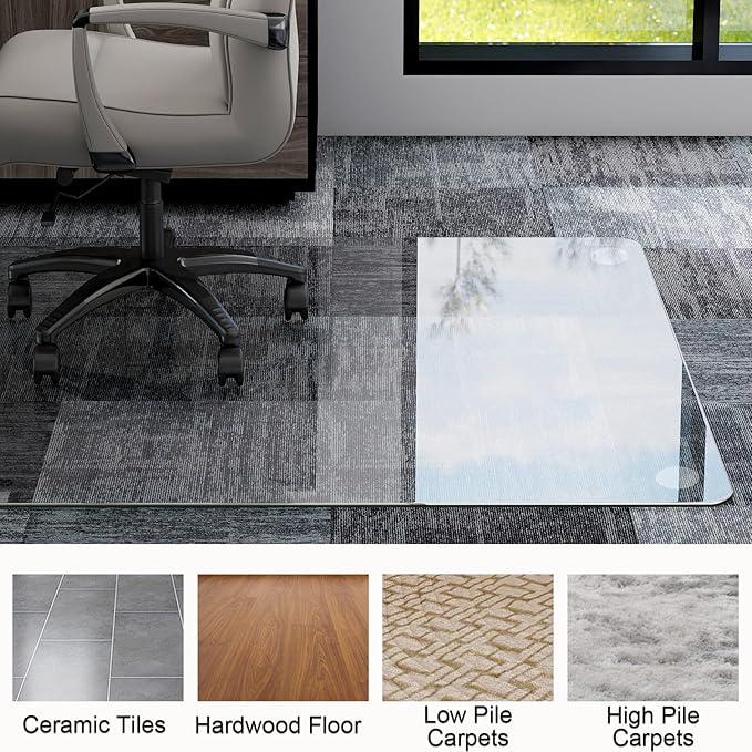 GLSLAND Tempered Glass Chair Mat, 54"x32" Heavy Duty Office Floor Protector for Hardwood Floors & Carpets Shatterproof Floor Mat for Home Office Desk, Transparent