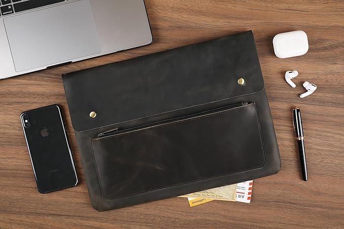 Handmade Leather Sleeve for 13/14/15-in MacBook Pro & MacBook Air, Slim Protective Laptop Case, Folio Document Organizer Leather Folder Portfolio-Grey-Custom