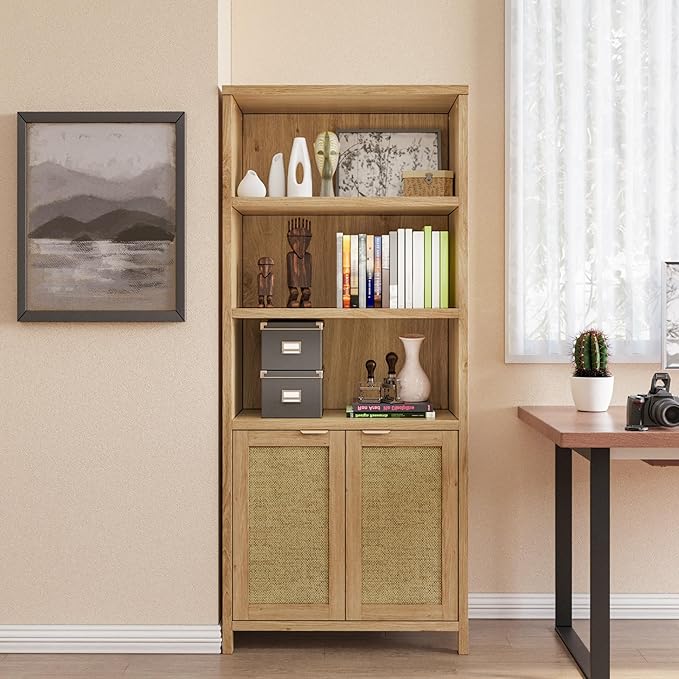 Bookshelf, 71" Tall Bookcase with Doors, 5 Tier Wooden Bookshelf Open Shelf Bookcase, Modern Farmhouse Bookshelves for Office,Library, Living Room