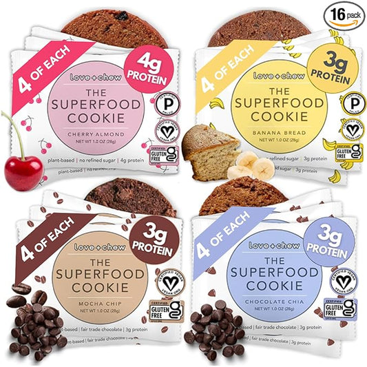 Love + Chew Superfood Soft Baked MINI Cookies Variety Pack, Plant Based Cookie With Almonds, Dates, and Chia Seeds for Kids and Adults, Vegan Snacks, Gluten Free, Paleo, Non GMO, 16 Pack