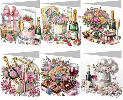 6pcs DIY Flowers Cake Diamond Art Painting Greeting Cards Kit, Rhinestone Art Holiday Birthday Card Set with Envelopes, DIY Festival Craft for Girlfriend, Christmas Valentine Gift Making Supplies