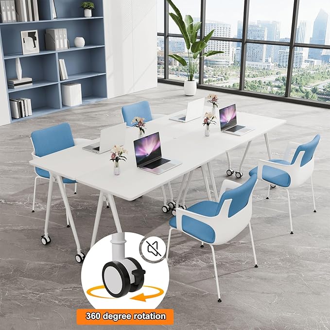 Folding Conference Table, Rectangular Conference Room Tables, Mobile Modular Training Table, Solid Steel Frame,Thickened Panel,for Offices,Meeting Room,Offices andSchools (8, White, 55in)