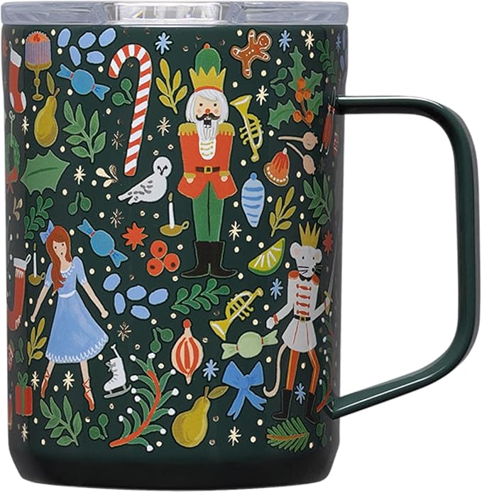 Corkcicle x Rifle Paper Co. Triple Insulated Coffee Mug with Lid & Handle - Keeps Beverages Hot for 3+ Hours - Gift for Mom - Great for Mother's Day or Christmas - 16 oz - Nutcracker Green