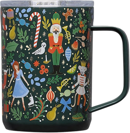 Corkcicle x Rifle Paper Co. Triple Insulated Coffee Mug with Lid & Handle - Keeps Beverages Hot for 3+ Hours - Gift for Mom - Great for Mother's Day or Christmas - 16 oz - Nutcracker Green