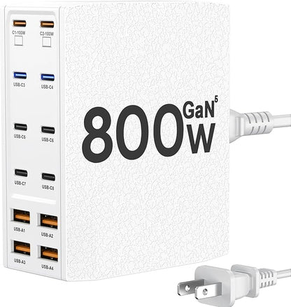 USB Charging Station (800W),12-Port USB C Charger Block with Dual 100W PD USB-C Fast Charging Station Hub for MacBook Pro/Air/All iPad Phone 17/16 15/14/13/Pro Max/Samsung Galaxy Note(White)