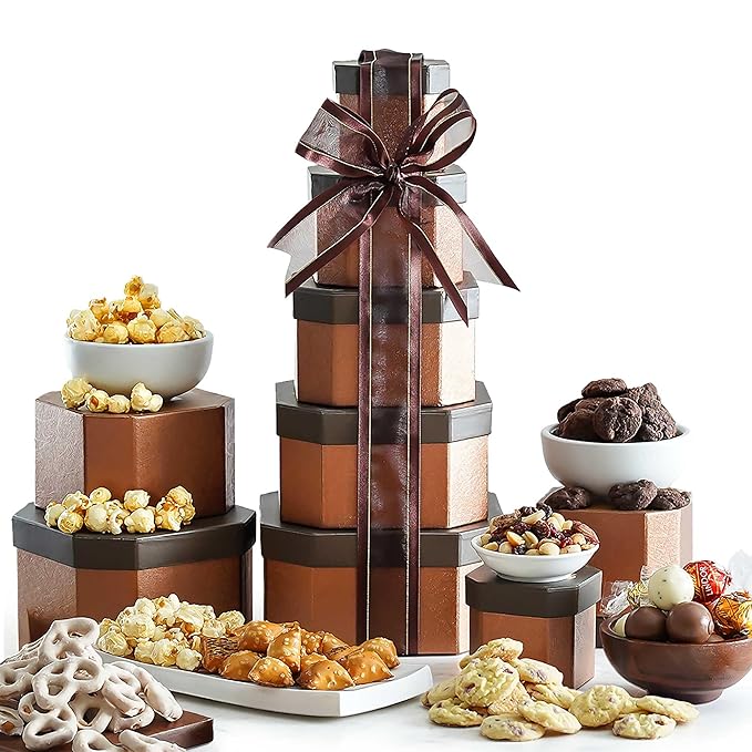 Broadway Basketeers Gift Basket Tower – Gourmet Kosher Snack & Chocolate Food Gifts for Women, Men, Family, Care Package for College & Teachers – Thank You, Christmas Holiday & Corporate
