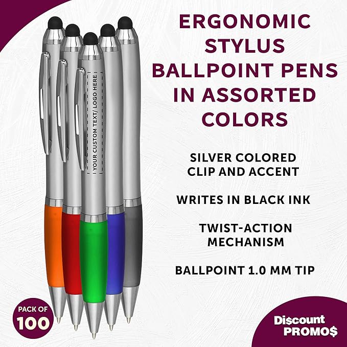DISCOUNT PROMOS 100 Stylus Ballpoint Pens in Assorted Colors Pack - Customizable Text, Logo - Two in One, Ergonomic, Black Ink - Assorted