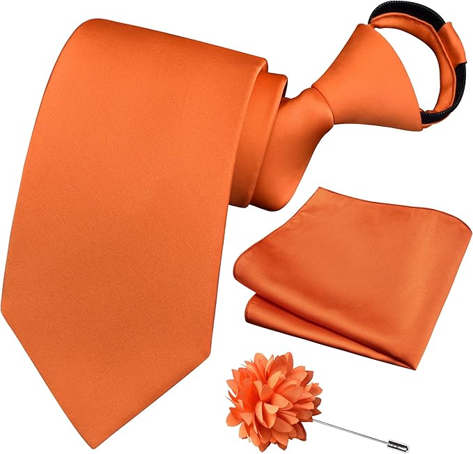 Branduce 3.15"（8cm） Pre-tied Adjustable Zipper Tie and Lapel Pin Solid Necktie Handkerchief Set for Men