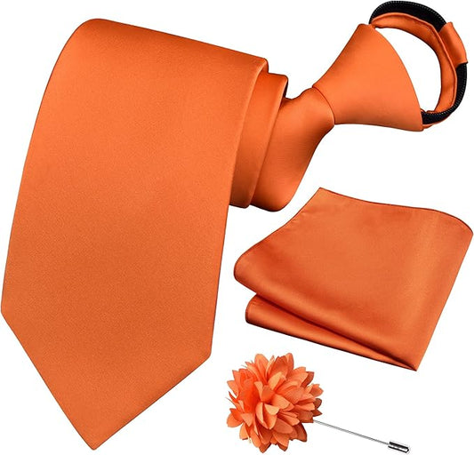 Branduce 3.15"（8cm） Pre-tied Adjustable Zipper Tie and Lapel Pin Solid Necktie Handkerchief Set for Men