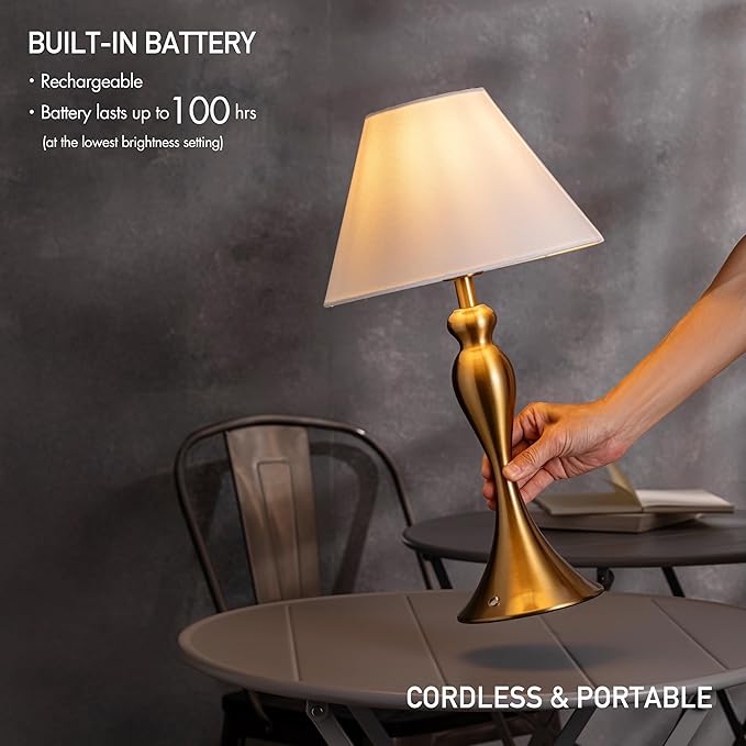 O'Bright Ember Cordless Table Lamp – Rechargeable, Touch Dimmable, Battery Operated, E26 LED Bulb, Type-C Fast Charging, Portable Lamp for Bedroom, Living Room, Office, Antique Brass
