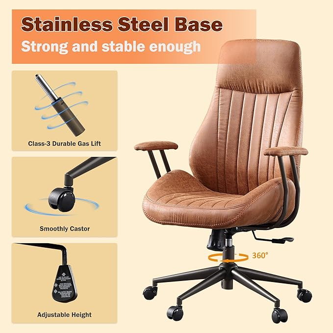 Ergonomic Executive Office Chair with Lumbar Support, Adjustable Height Home Office Desk Chair with Armrests, High Back Padded Headrest Office Chair, Rolling Swivel Computer Gaming Chair, Brown