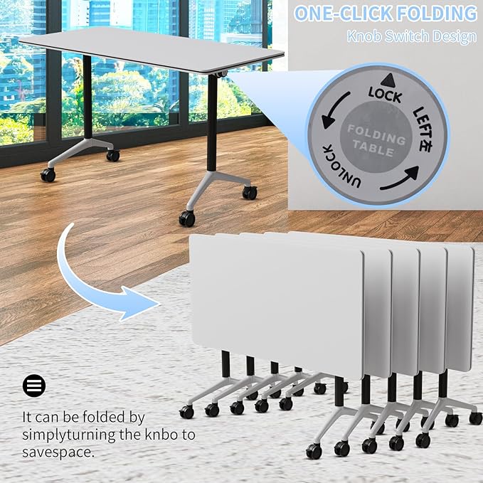 Conference Table Folding Conference Room Tables, Modern Mobile Meeting Training Table with Silent Wheels, Foldable Seminar Table for Offices, Classrooms, Libraries (8, white2, 55.1in)