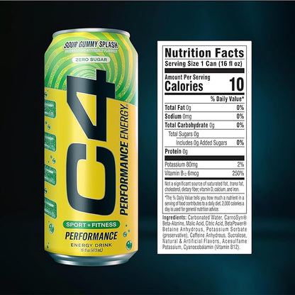 Cellucor C4 Energy Carbonated Zero Sugar Energy Drink, Pre Workout Drink + Beta Alanine, Sour Gummy Splash, 16 Fl Oz (Pack of 12)