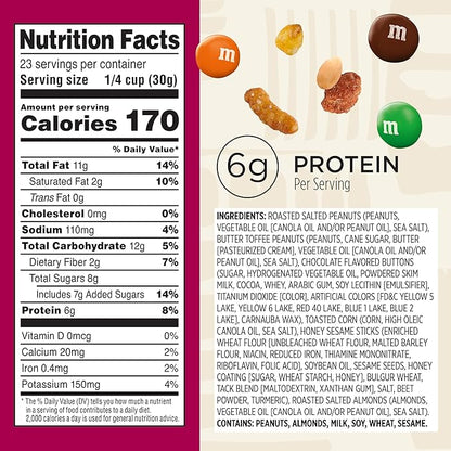 Snak Club Sweet and Salty Trail Mix with Peanuts, Butter Toffee Peanuts, M&M'S Chocolate Candies, Toasted Corn, Honey Sesame Sticks, and Almonds, Kosher Snack, 24 oz Resealable Bag
