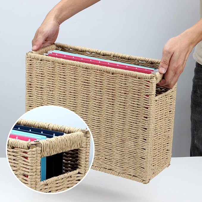 14.6 x 5.9 x 10.8 Inch Large Decorative File Box, Decorative File Baskets for Seagrass Hanging Organizers Portable Letter Size Document, Folder Filing Cabinet with Lid for Home Office Decor