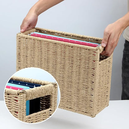 14.6 x 5.9 x 10.8 Inch Large Decorative File Box, Decorative File Baskets for Seagrass Hanging Organizers Portable Letter Size Document, Folder Filing Cabinet with Lid for Home Office Decor