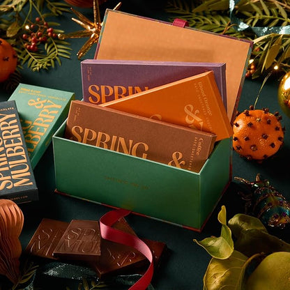Spring & Mulberry Healthy Dark Chocolate Bars Sugar Free - Date Sweetened Chocolate Gift Box - Healthy Bars, Gluten Free & Vegan - Essence Holiday Chocolates Gift Set