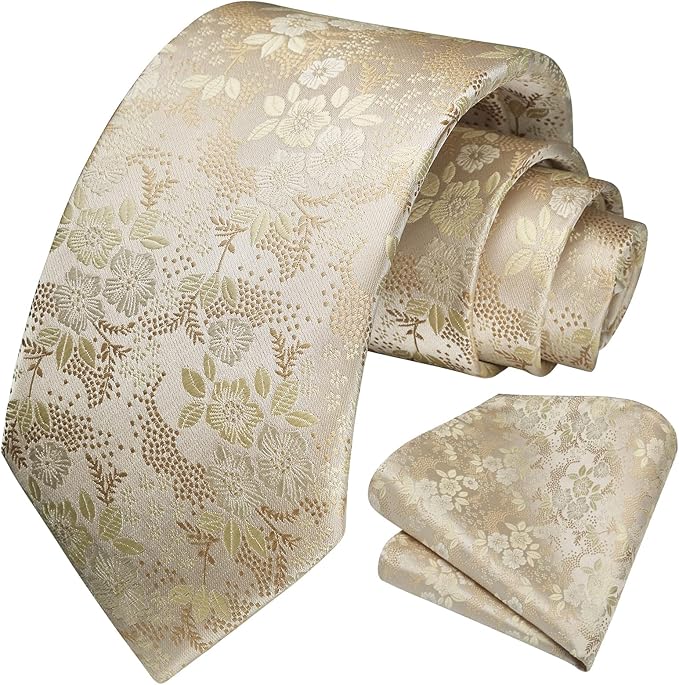HISDERN Men Floral Ties Woven Classic 3.4" Necktie Set Formal Tie Pocket Square for Wedding with Handkerchief Gift Box