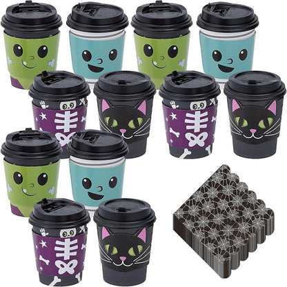 HOME & HOOPLA Halloween Party Cute Monster Disposable Hot Chocolate & Cider Cups With Lids and Scalloped Spider Web Beverage Napkins, 9 Ounce Size (Serves 12)