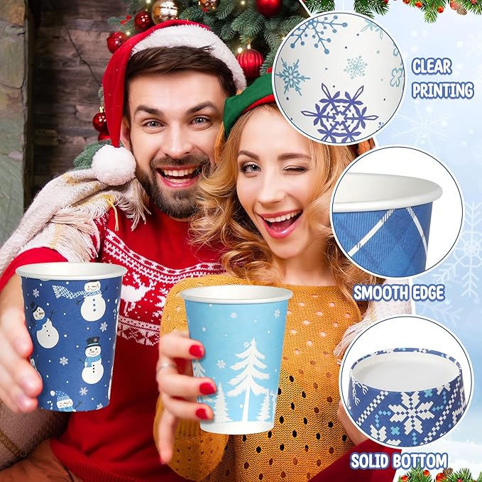 200 Set Christmas Coffee Paper Cups with Lids 12oz, Bulk Disposable Winter Coffee Cups, 5 Styles Xmas Holiday Cups for Hot Chocolate Cold Drinks Christmas New Year Winter Party Supplies Decorations