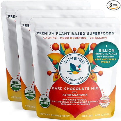 Chocolate Powder with Organic Ashwagandha Root Extract, Cacao Powder, Probiotics & Prebiotic Fiber. Smoothie Mix and Healthy Hot Chocolate. Everyday Bliss with Focus, Calm & Stress Support - 3 Pack