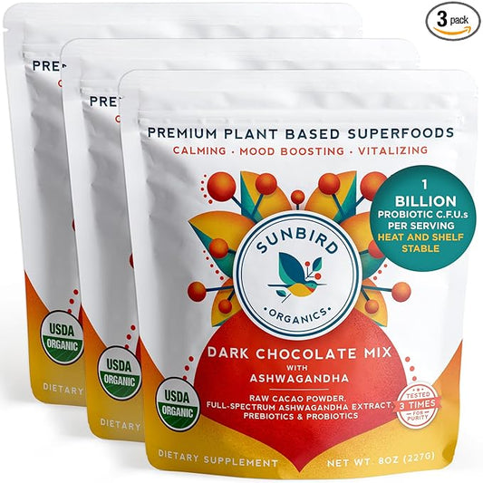 Chocolate Powder with Organic Ashwagandha Root Extract, Cacao Powder, Probiotics & Prebiotic Fiber. Smoothie Mix and Healthy Hot Chocolate. Everyday Bliss with Focus, Calm & Stress Support - 3 Pack