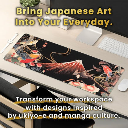 BELLEMOND Japanese Art Desk Mat | Large 31.5x11.8in Desk Pad | Mouse Pad for Keyboard & Mouse | Non-Slip Base, Water-Repellent, Smooth Precision | Crimson Wings Over Fuji