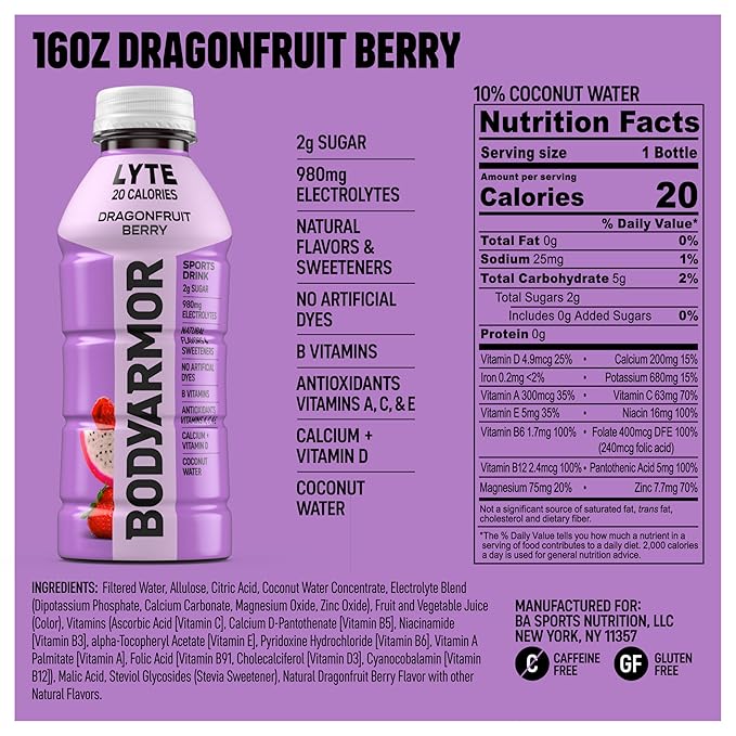 BODYARMOR LYTE Sports Drink Low-Calorie Sports Beverage, Dragonfruit Berry, Coconut Water Hydration, Natural Flavors With Vitamins, Potassium-Packed Electrolytes, Perfect For Athletes, 16 Fl Oz (Pack of 12)